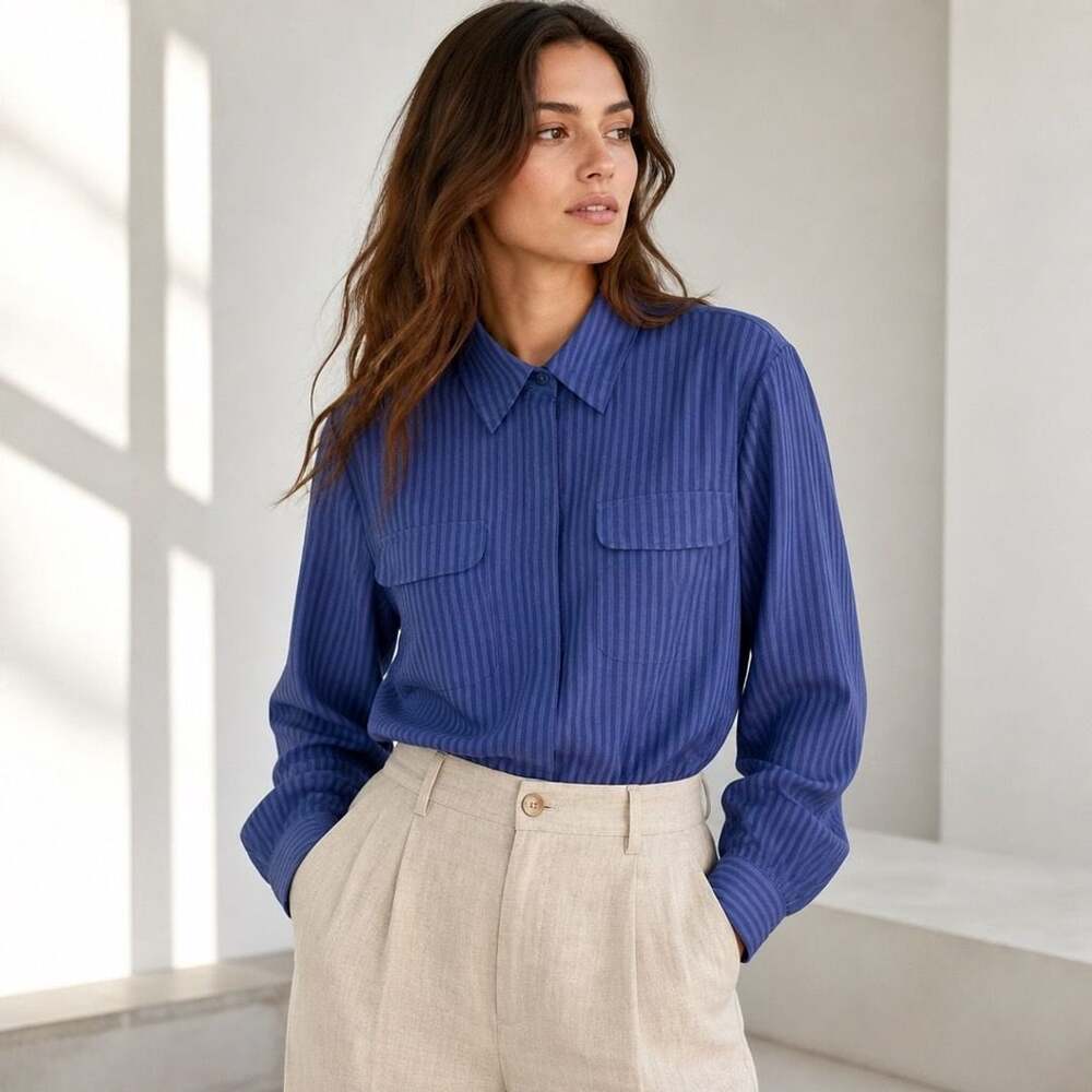 Joanna Women's Blue Striped Long Sleeve Button-Down Blouse with Dual Pockets
